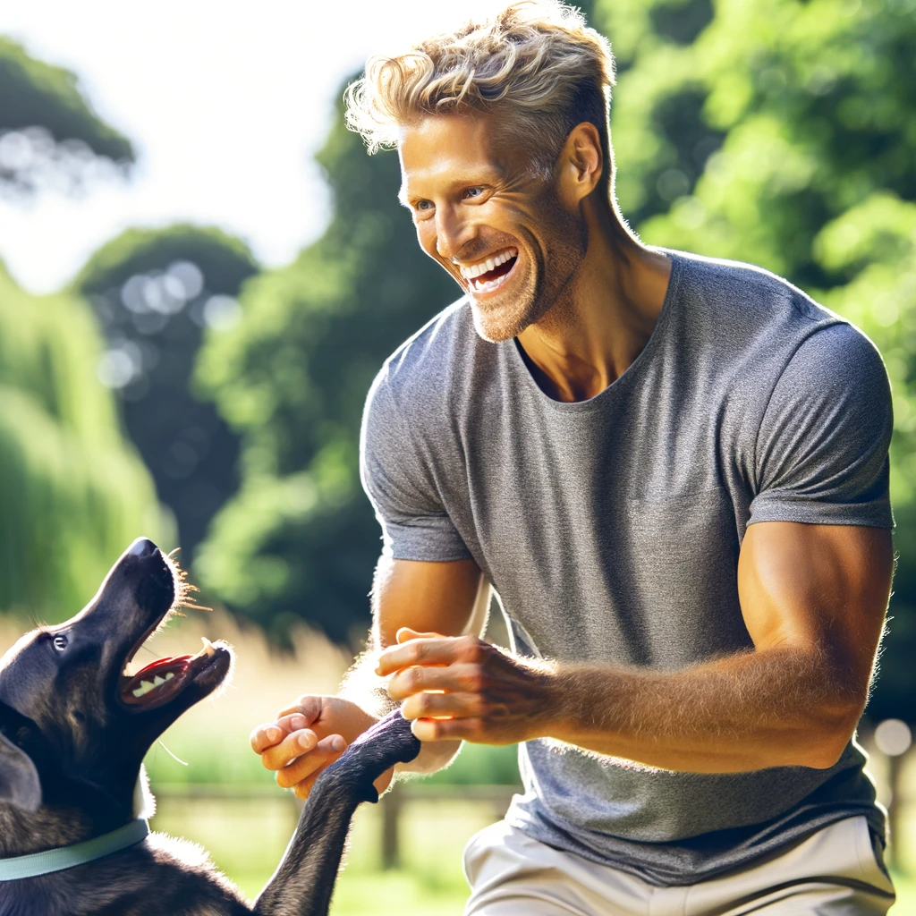 happy, realistically fit white man with blonde hair playing with his dog in a park.