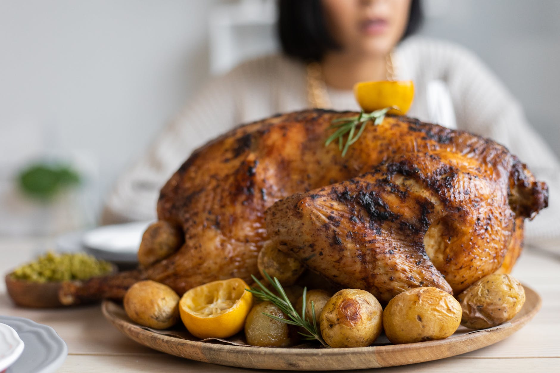 roasted turkey on wooden tray