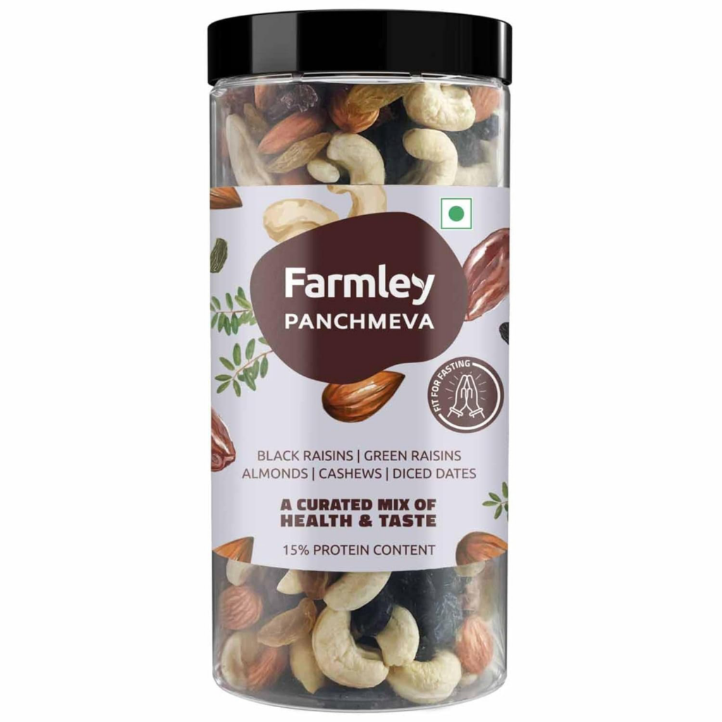 Farmley Panchmeva Healthy Dry Fruits Mix | Healthy Mixed Nuts with Dry Fruits | Almonds | Cashews | Dates | Black raisin | Green raisin, Reusable Jar (405g)