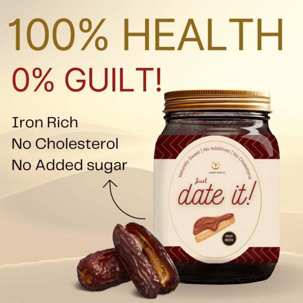 Image of a bottle with dates spread addressing the different benefits